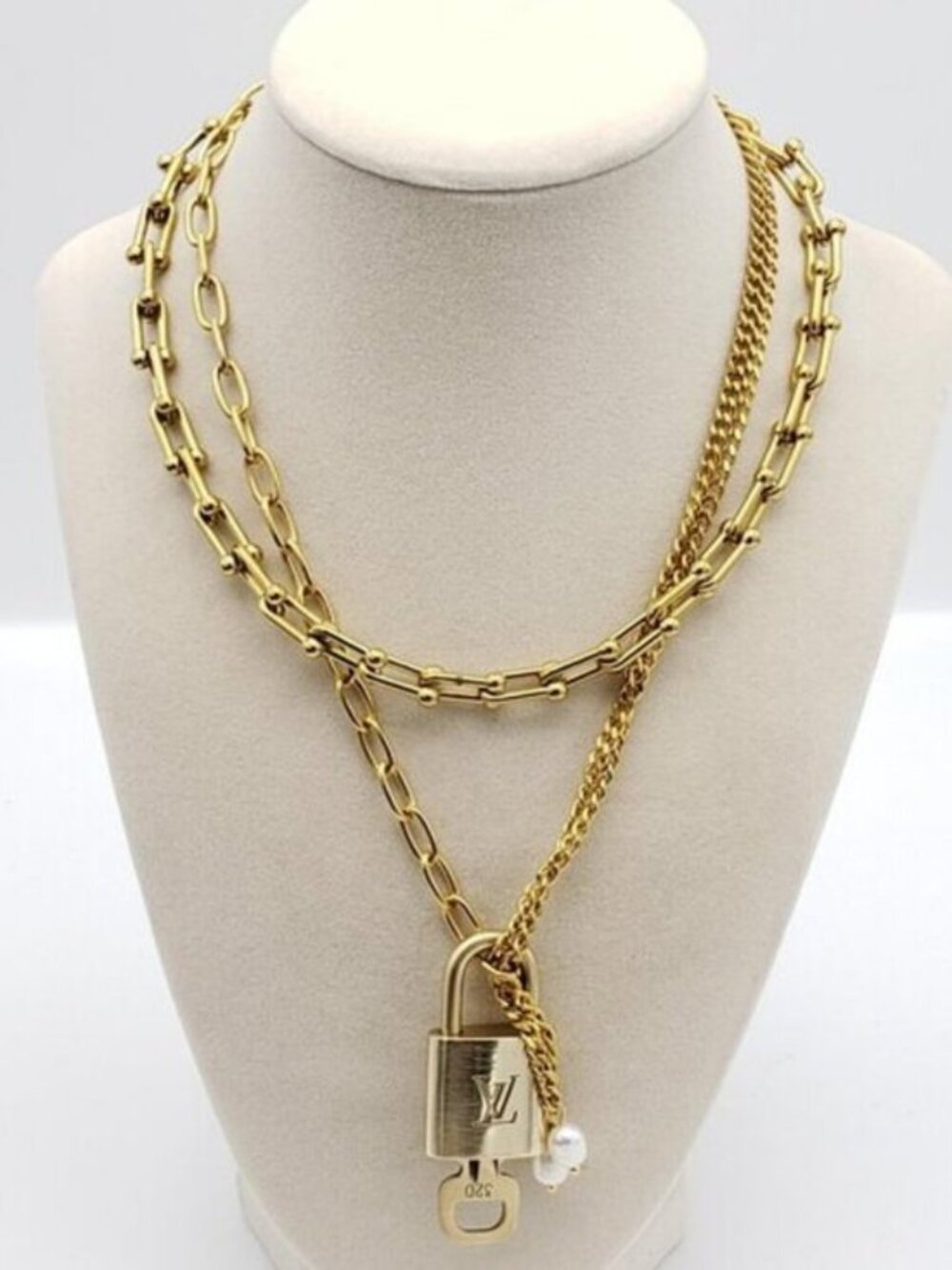 Double Chain Necklace with Authentic Louis Vuitton Padlock Pendant & Fresh Pearl